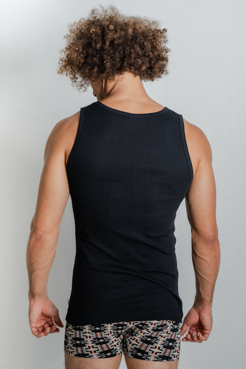Reer Endz apparel: Black organic cotton singlet on male model