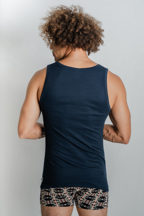 Reer Endz apparel: Navy organic cotton singlet on male model