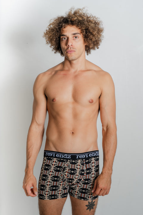 Stylish male model flaunting Reer Endz organic cotton underwear in Zephyr print
