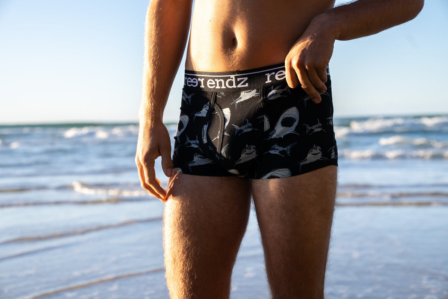 Mens trunk underwear with shark orint at the beach