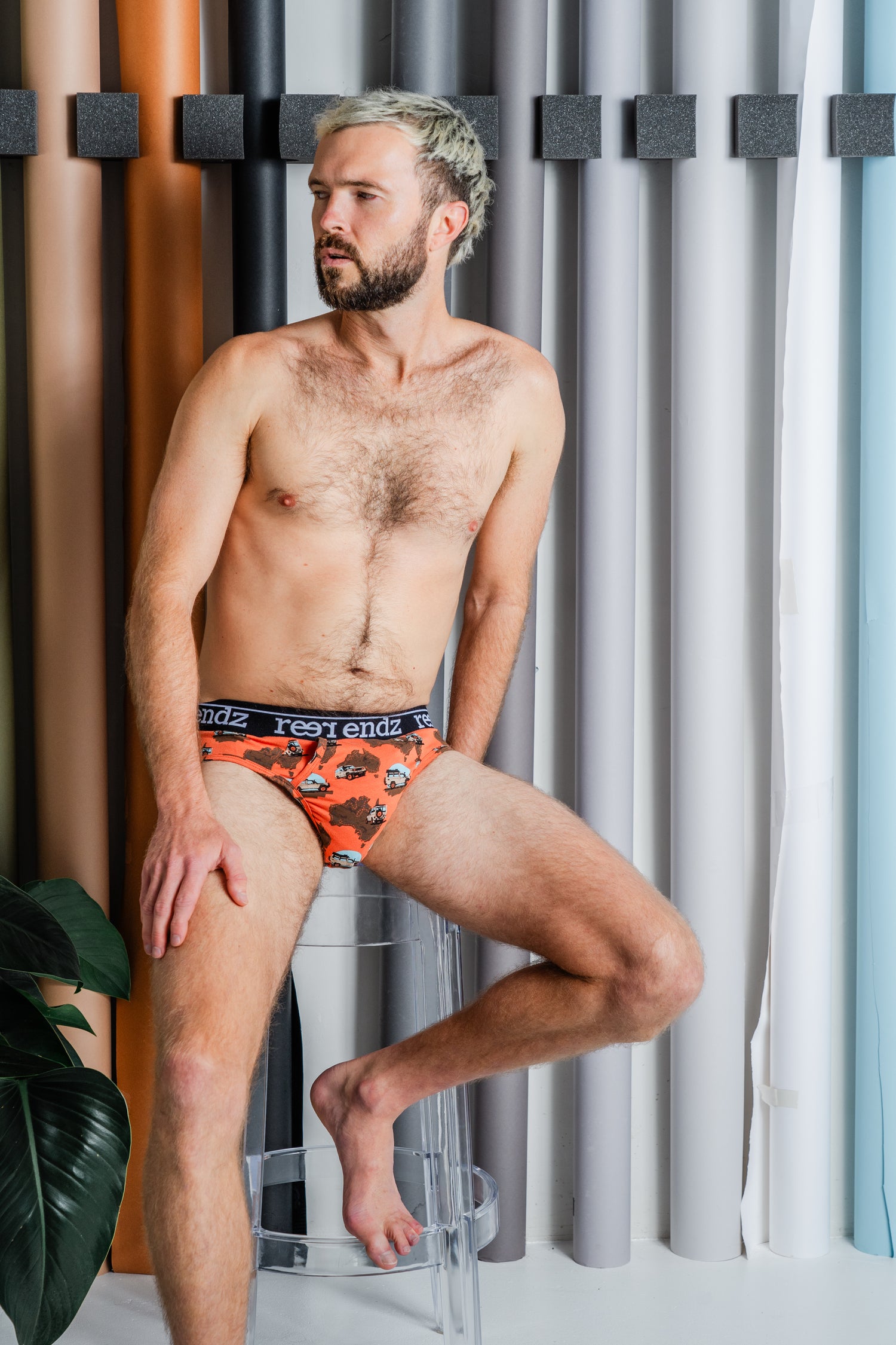 View our male model confidently sporting the 'Cruisin' Organic Cotton Men's Brief – the epitome of sustainable fashion
