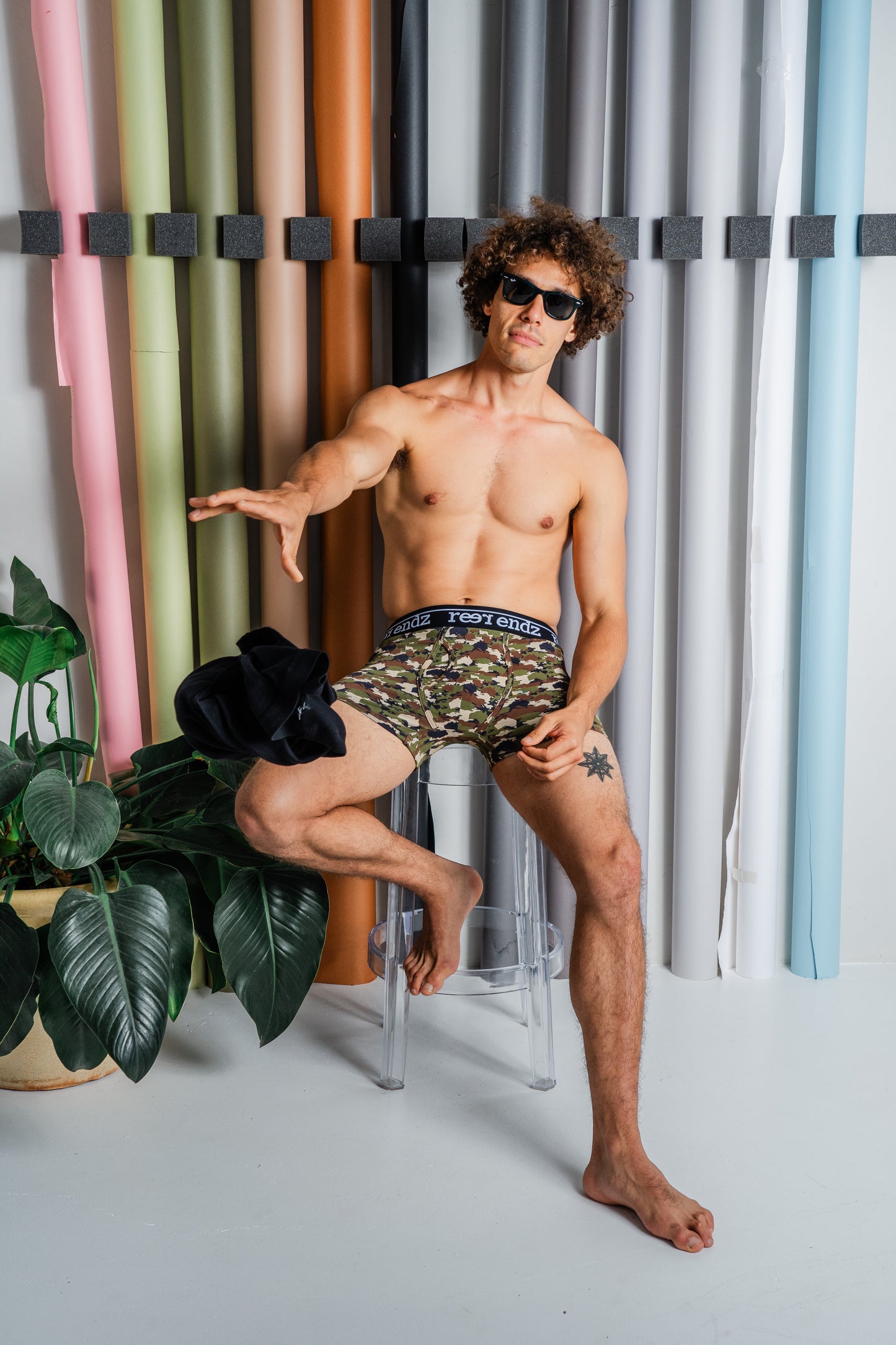 Eco-conscious fashion: Male model flaunts Reer Endz men's trunks in the trendy Incognito Print, designed for unmatched comfort, thanks to Organic Cotton.