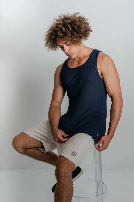 Organic cotton navy singlet by Reer Endz on male model