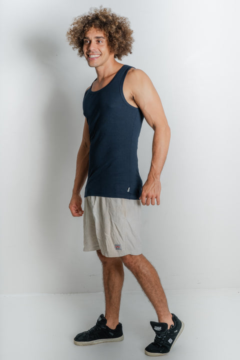 Fashionable and ethical: Reer Endz navy organic cotton singlet on model