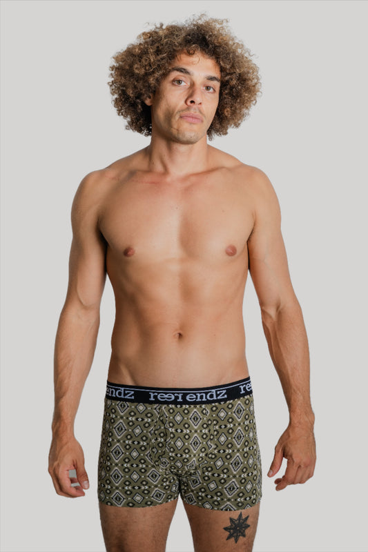 Man wearing Reer Endz aztec-inspired organic cotton underwear