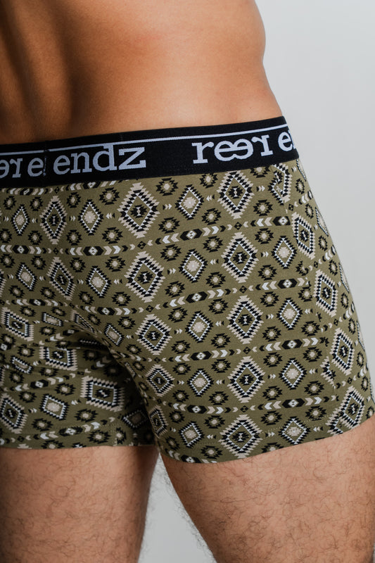 Model in Reer Endz organic cotton fly front trunk underwear in sunshine print