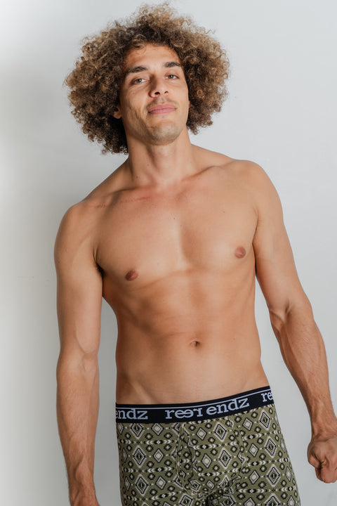 Model showcasing Reer Endz sunshine print underwear in fly front style